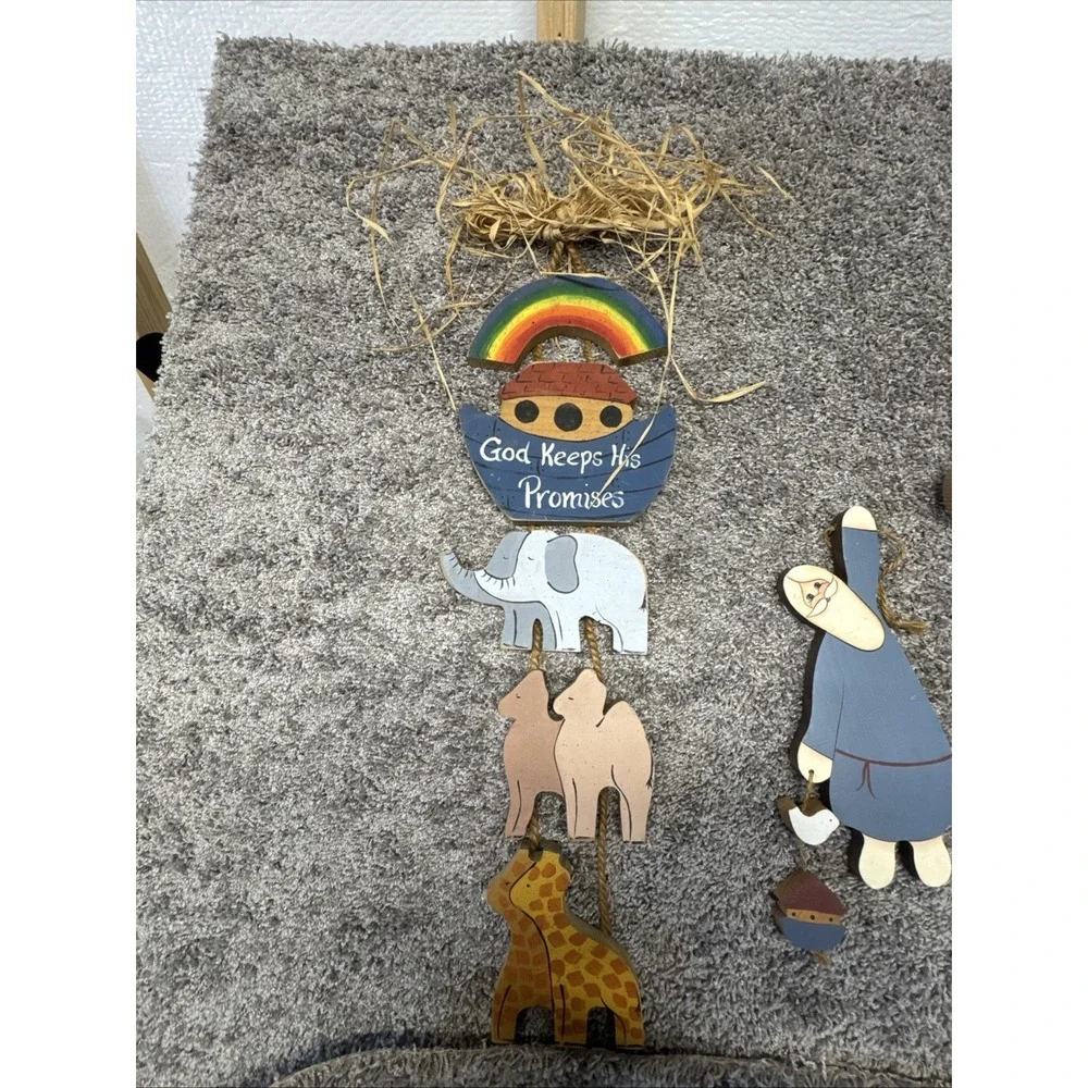 Noah's Ark Hand Painted Wood Hanging Decor Vtg Lot Of 4 See Description